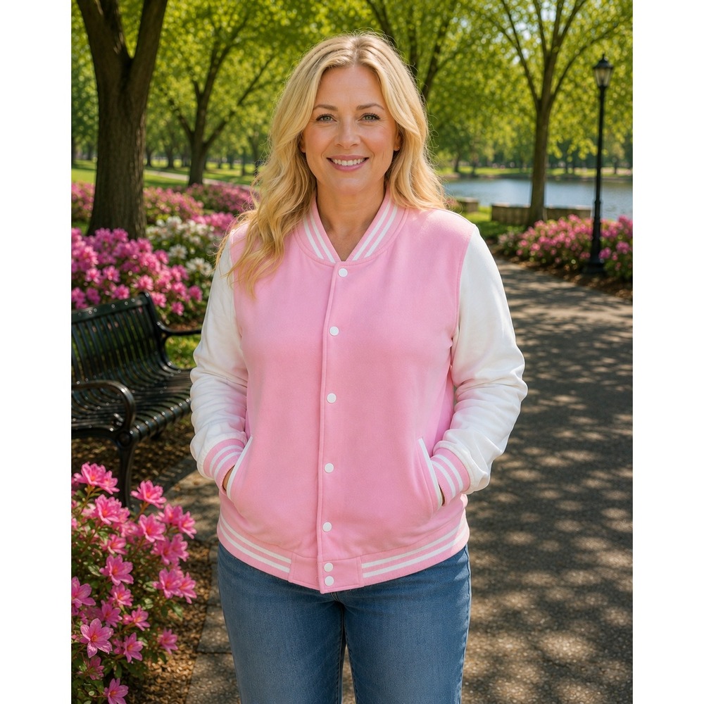 Pink White Varsity Bomber Jacket Womens XL Snap Front Letterman Baseball Coat